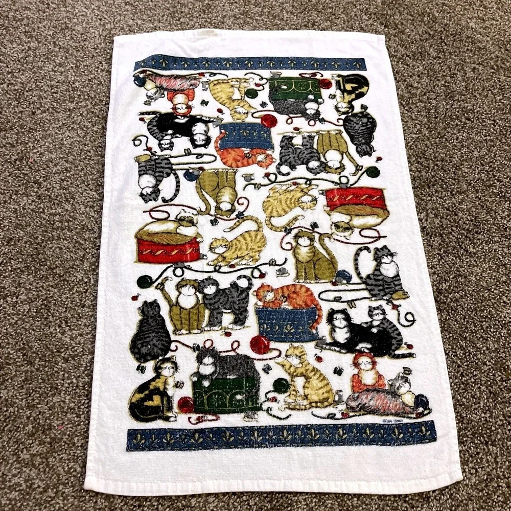 VTG CANNON Hand Kitchen Towel‎ Fringe 70s NOS Cat Yarn Butterfly Ladybug Mouse